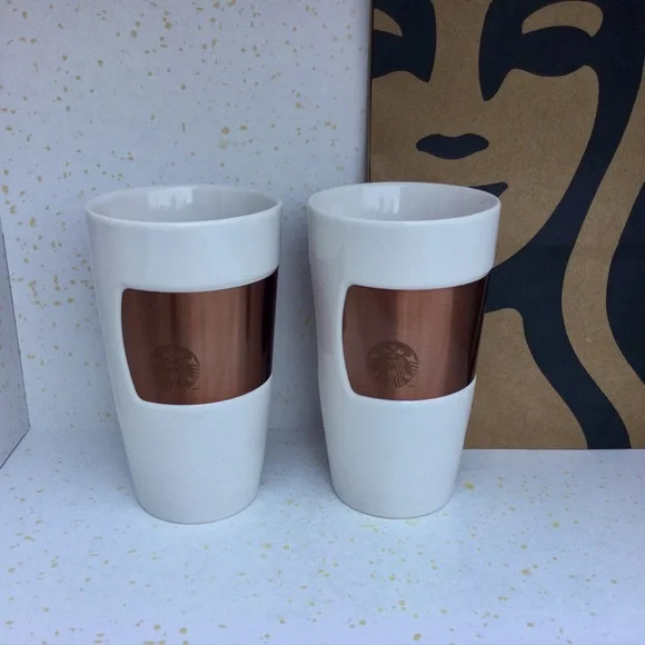 Starbucks Copper Band Tumbler Mug Ceramic 2012 White 10 Oz Mermaid Logo Cups - Picture 1 of 9